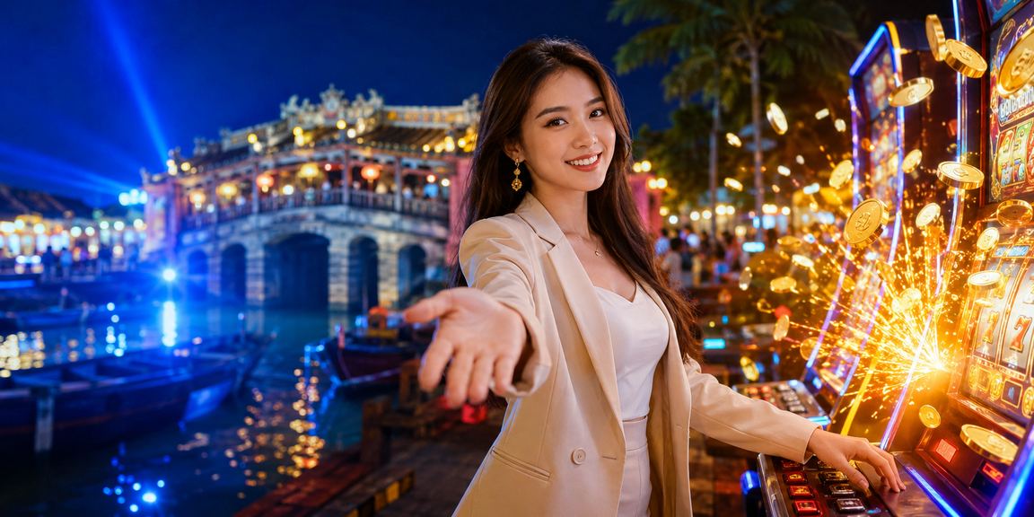 Đêm chợ Hội An với người dùng cầm điện thoại xem thông tin xổ số và đặt vé điện tử